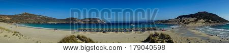 Panoramic view of sandy beaches, Simos island, Greece