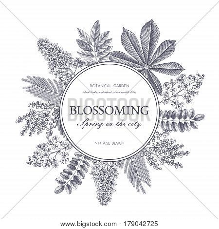 Vector card design with hand drawn blossoming trees. Floral wedding invitation template.
