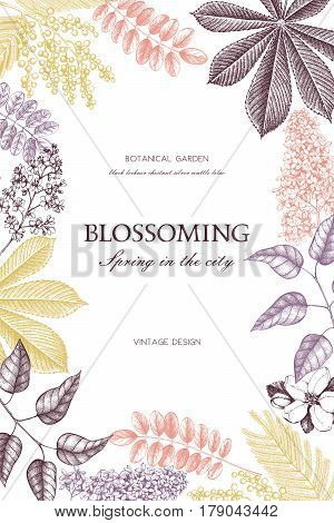 Vector card design with hand drawn blossoming trees. Floral wedding invitation template.