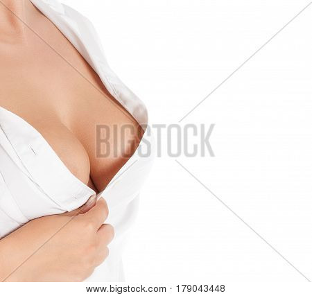 Woman with sexy breast in shirt. Isolated on white background