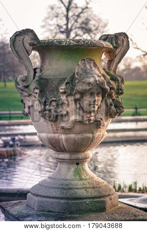 A beautiful sculptured vase in the Italian Garden of Kensington Gardens London