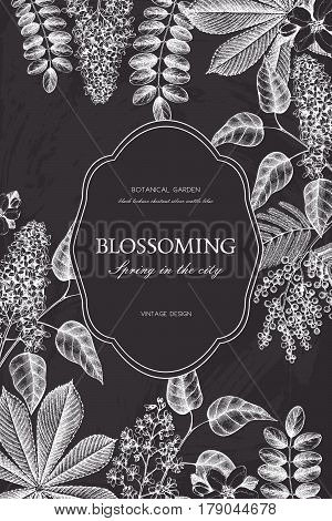 Vector card design with hand drawn blossoming trees. Floral wedding invitation template.