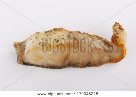 Dishes from sturgeon. Cooked sturgeon. Steak from sturgeon.