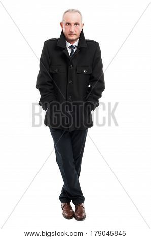 Full Body Of Middle Age Business Man Posing Wearing Overcoat