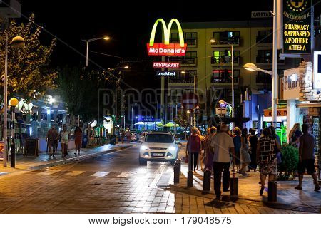 CYPRUS, PROTARAS - 13 SEPEMBER 2015: Night view on McDonalds on street in Protaras, Cyprus