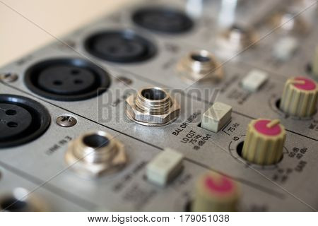Input Sockets And Operating of the Audio Mixer. Close-Up View.
