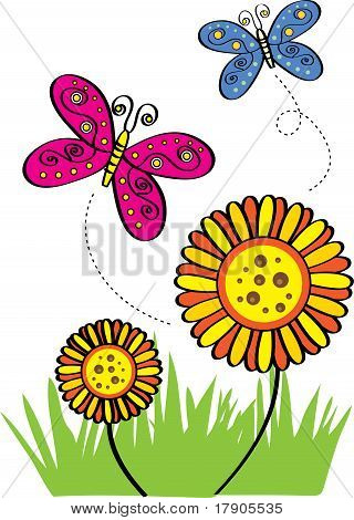 C artoon Butterfly & květ