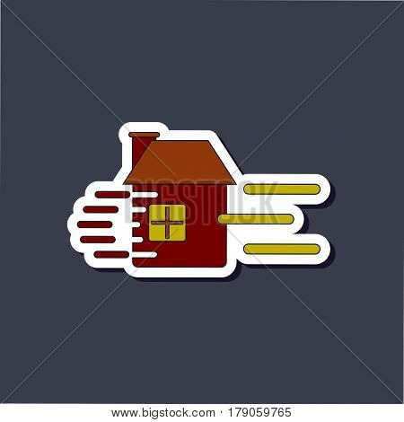 paper sticker on stylish background of wind destroys house