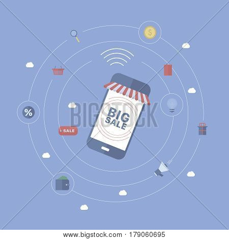Sale background with device. Concept business vector for investing into ideas, creative innovative work, growing business. Flat illustration with thin broken line.