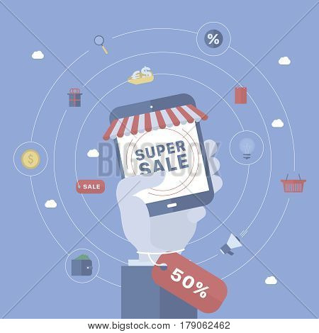 Sale background with hand holding device. Concept business vector for investing into ideas, creative innovative work, growing business. Flat illustration with thin broken line.