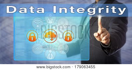 Blue chip consultant presenting on Data Integrity. Information technology metaphor and computing concept for the assurance of consistency of data and prevention of inadvertent changes to files.