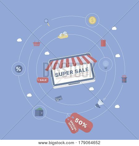 Sale background with device. Concept business vector for investing into ideas, creative innovative work, growing business. Flat illustration with thin broken line.