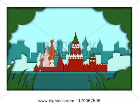 Paper applique style illustration. Card with application Moscow ponorama with Kremlin, St. Basil's Cathedral. Postcard