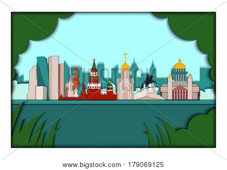 Paper applique style illustration. Card with application of panorama of the largest Russian cities. Moscow, Saint Petersburg and Novosibirsk.Postcard