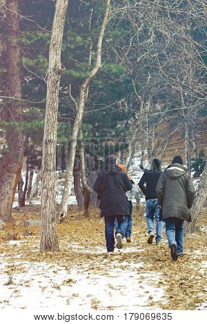 Group of people walking in the woods during fall in Naran Valley KPK Pakistan 27/12/2016