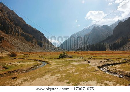 Beautiful Landscape in the mountains with blue skys pure green water and trees in swat valley kpk Pakistan