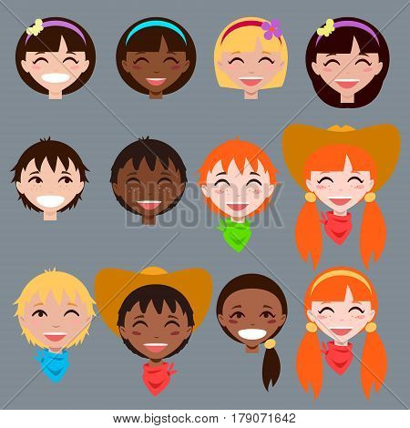 Set of cartoon children's faces. Vector illustration.