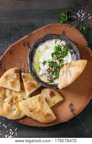 labneh middle eastern lebanese cream cheese dip with olive oil, salt, herbs served with traditional pita bread on terracotta plate over dark texture metal background. Top view with space
