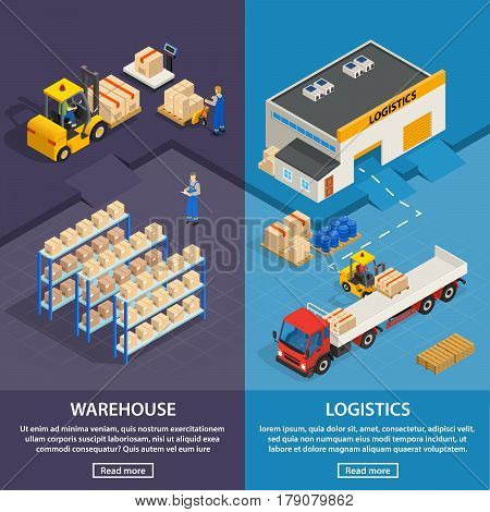 Logistics and warehouse two vertical banners with workers  racks with boxes and cargo transport isometric vector illustration