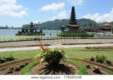 Bedugul, Indonesia - 11 February 2013: Pura Ulun Danu Bratan famous temple on the lake at Bedugul on Bali, Indonesia.