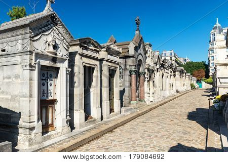 PARIS, FRANCE - SEPTEMBER 24, 2013: The famous old Montmartre Cemetery in Paris.