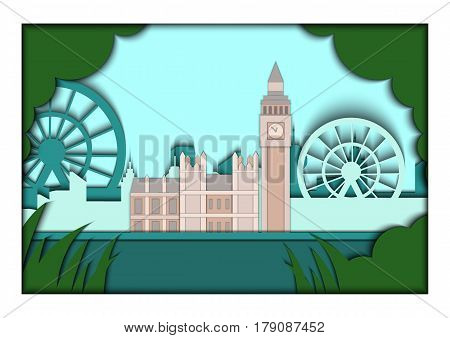 Paper applique style illustration. Card with application of London ponorama with Big Ben Tower and Westminster Palace. London. Postcard