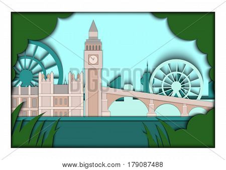 Paper applique style illustration. Card with application of London ponorama with Big Ben Tower and Westminster Palace. London. Postcard