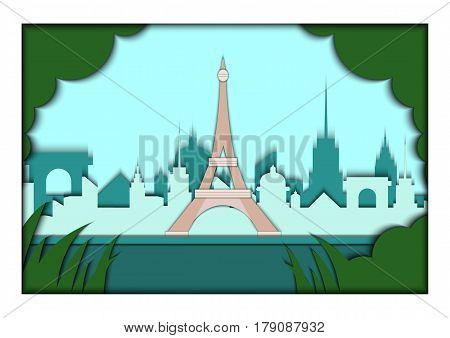 Paper applique style illustration. Card with application of Paris ponorama with Eiffel Tower. Postcard