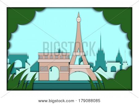 Paper applique style illustration. Card with application of Paris ponorama with Eiffel Tower and Triumphal Arch. Postcard