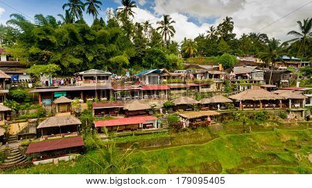 Cafe and gift shops on the Tegalalang Rice Terrace in Ubud Bali Indonesia.