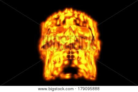 Skull looks up in colorful fire. Demonic sight. Scary halloween picture.