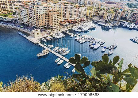 MONACO MONTECARLO - MAY 6 2016: View of the Port de Fontevieille shot on a sunny summer day from the Jardins de Saint Martin