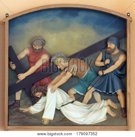 BUDASEVO, CROATIA - NOVEMBER 05: 7th Stations of the Cross, Jesus falls the second time, Church of the Blessed Aloysius Stepinac in Budasevo, Croatia on November 05, 2007