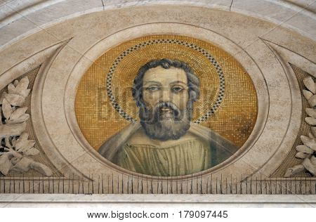 ROME, ITALY - SEPTEMBER 05: Saint Judas Thaddaeus mosaic in the basilica of Saint Paul Outside the Walls, Rome, Italy on September 05, 2016.