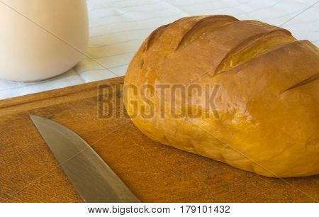 head of traditional Adygei cheese handmade with knife and a Cup of coffee on wooden Board