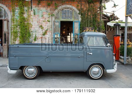 BANGKOK THAILAND - March 26 2017: show old volkswagen truck at Night market Srinakarin road that name is train market. This market is open every Wednesday to sunday.