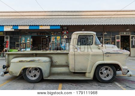BANGKOK THAILAND - March 26 2017: show old chevrolet truck at Night market Srinakarin road that name is train market. This market is open every Wednesday to sunday.