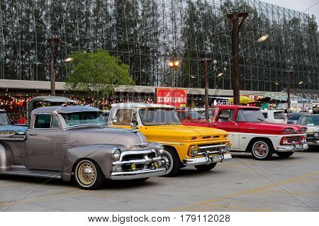 BANGKOK THAILAND - March 26 2017: Show old vintage car at Night market Srinakarin road that name is train market. This market is open every Wednesday to sunday.