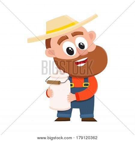 Funny farmer, gardener character in straw hat and overalls holding retro style milk can, canister, cartoon vector illustration isolated on white background. Comic farmer character, design elements