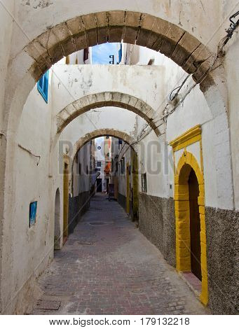 Medina quarter backstreet, arches in Essaouira, Morocco, Africa