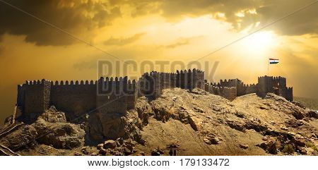 Ruins of fortress in Taba at sunset, Egypt