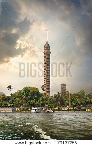 Tall TV tower in Cairo near Nile