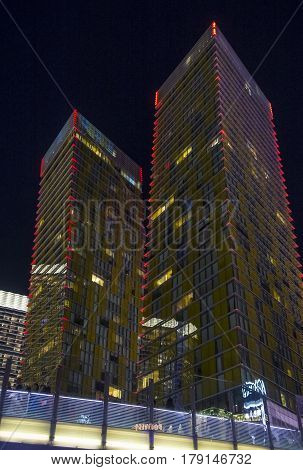 LAS VEGAS - NOV 24 : The tilted Veer Towers in Las Vegas on November 24 2016. Veer Towers are twin 37-story 480-foot residential towers located within CityCenter on the Las Vegas Strip