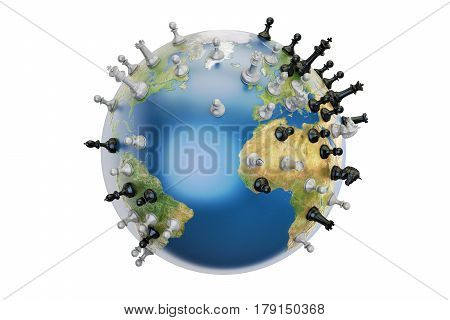 Global strategy concept world globe with chess pieces. 3D rendering