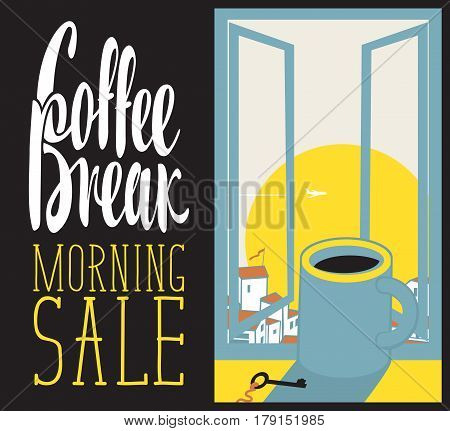 vector banner cup of coffee on the window sill with morning cityscape and inscription coffee break