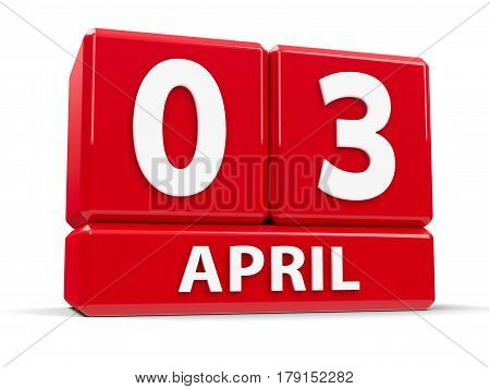 Red cubes - The Third of April - on a white table three-dimensional rendering 3D illustration