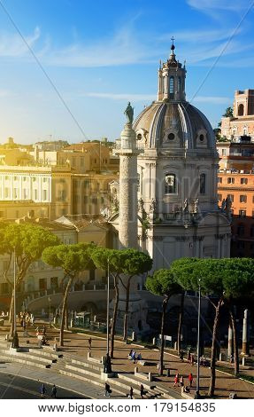 Forum of Trajan with basilica and statue in Rome, Italy