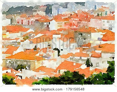 Digital watercolor painting of a cityscape with colorful orange rooftops of houses in Lisbon Portugal with space for text.