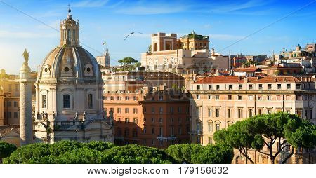 View on basilica and statue on Trajan Forum in Rome, Italy