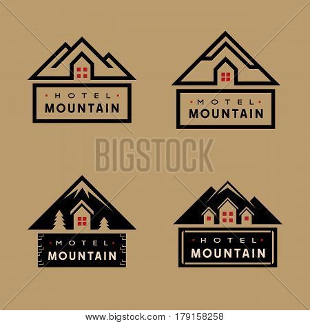 Set of Hotel Mountain badge label logo template icon graphic design and elements. Collection of simple symbols signs and emblems. Vector illustration of house with mountains in the background
